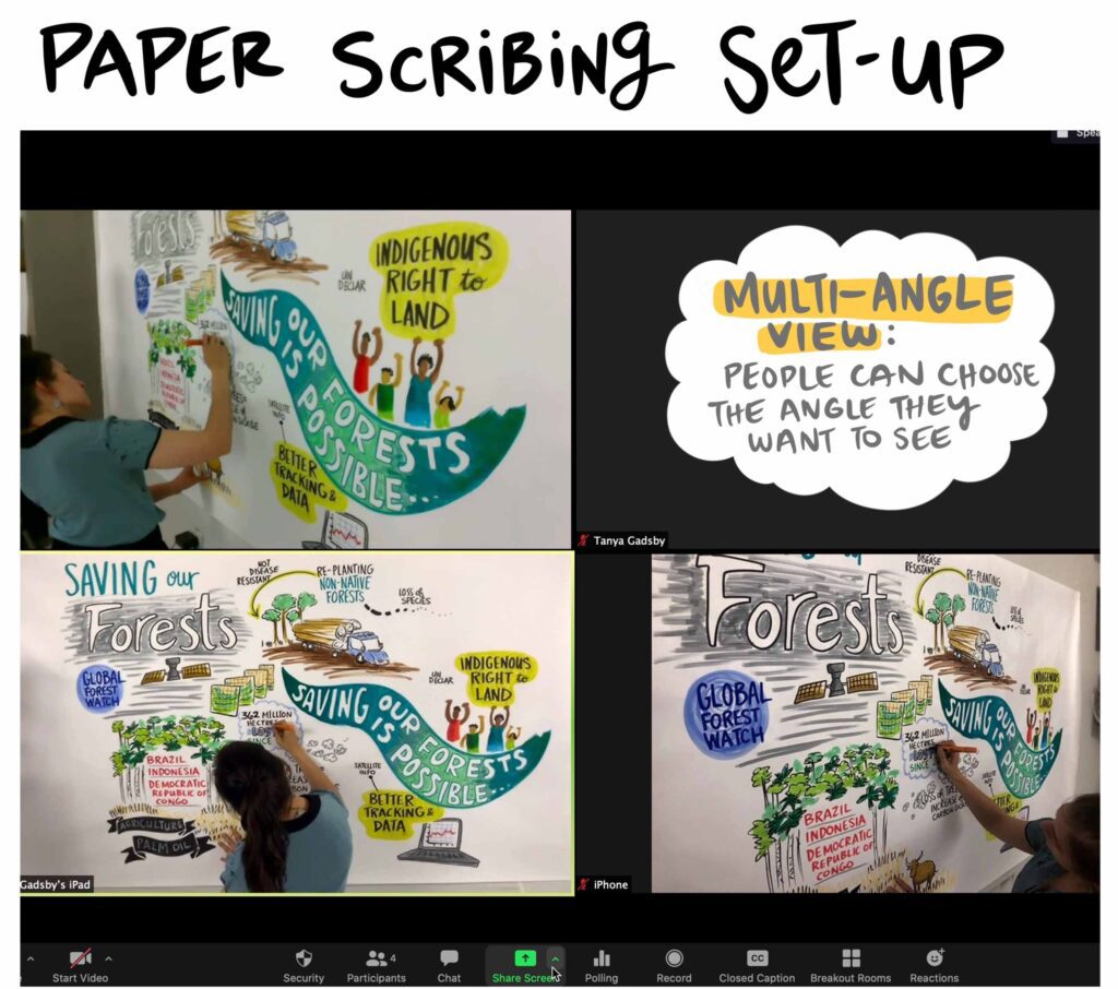 paper graphic recording in zoom, scribing an online meeting, graphic facilitation, fuselight, visual scribe