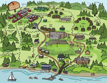 hand drawn map, summer camp illustration, walking map, ymca camp elphinstone, visual map, the fuselight creative