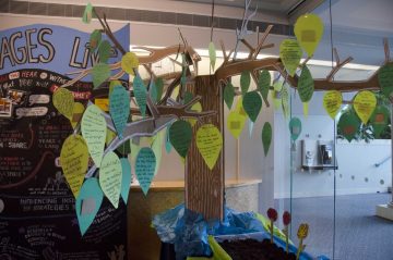 Indigenous language tree, interactive conference engagement, year of indigenous languages, UNESCO Indigenous Language Conference, Cardboard tree, foam board tree, three dimensional tree, 3D tree, prayer leaves