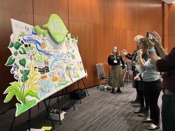 Conference attendees engaging with augmented reality embedded in graphic recording