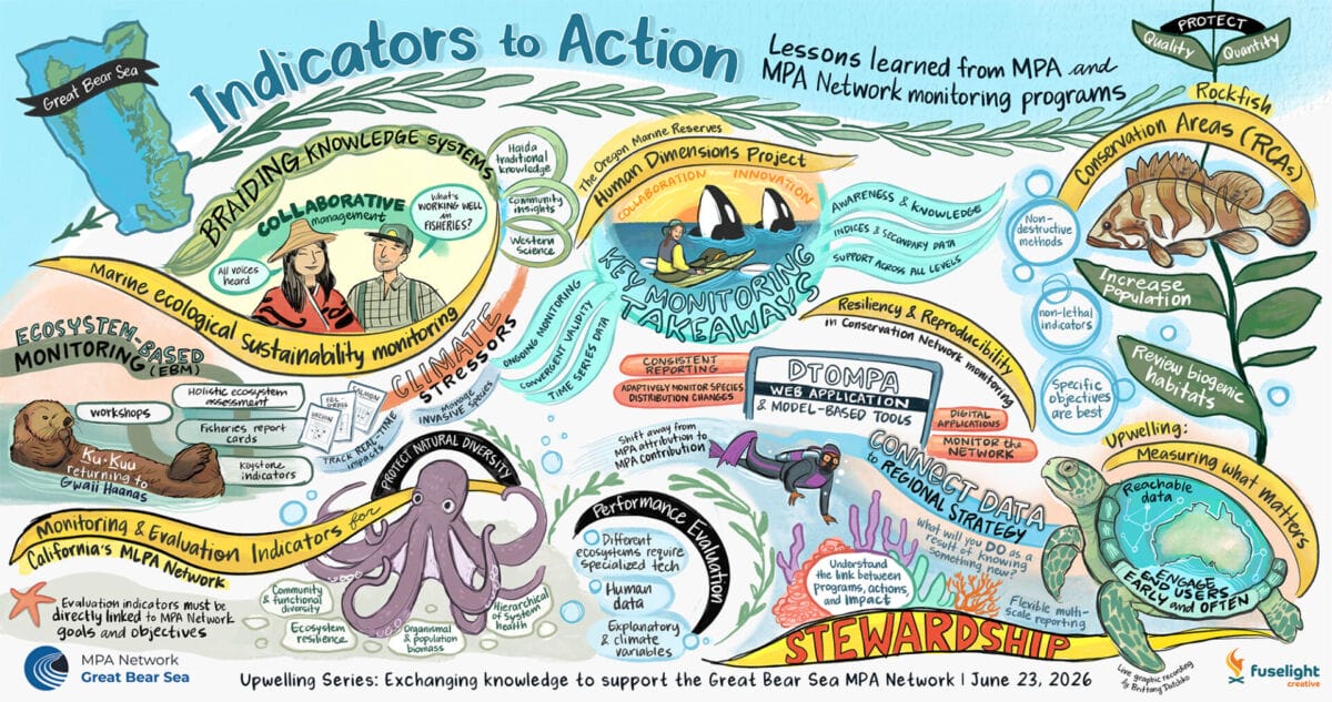Graphic recording of a series of presentation from the June 2026 Upwelling Knowledge Exchange gathering regarding lessons learned from MPA and MPA Network monitoring programs