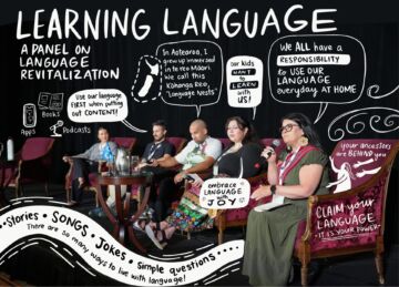graphic recording done on a photograph of a panel discussion on Indigenous language revitalization